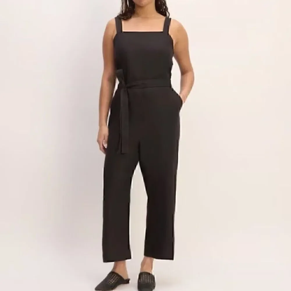 Everlane 100% European Flax Linen Black Side Button Jumpsuit Size 12 Wide Leg